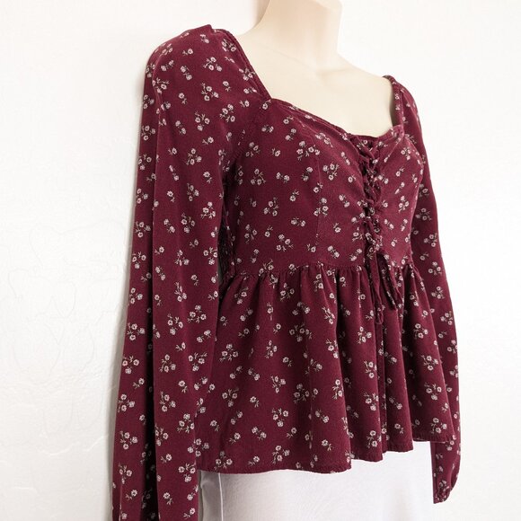 AEROPOSTALE Top Women's S Burgundy Floral Corset Babydoll Pullover Long Sleeve - Picture 4 of 16